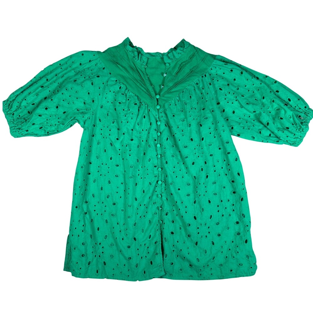 Green Eyelet Cotton Blouse Ruffle Neck Balloon‎ Sleeve Button Up Small spring